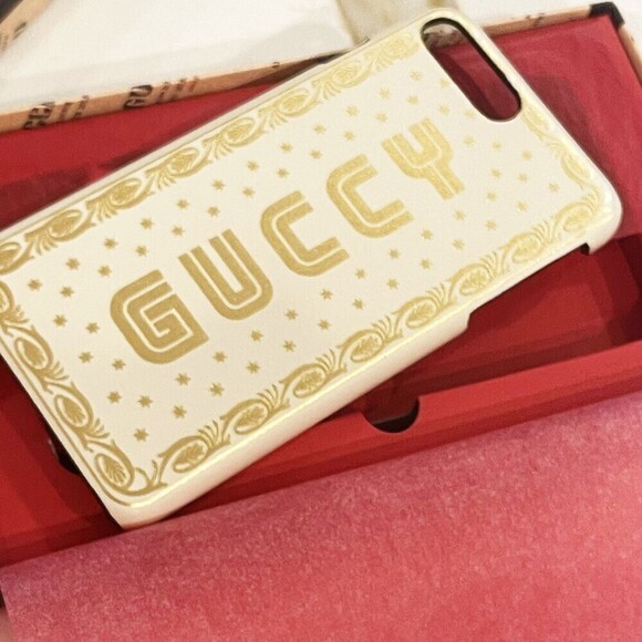 GUCCI White Sega Guccy Iphone 8 Plus Case in White Gold with Border Design NWT